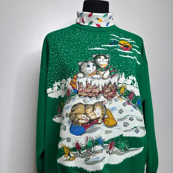 Vintage Nutcracker Cat Christmas Sweatshirt Green XL - Picture 2 of 10